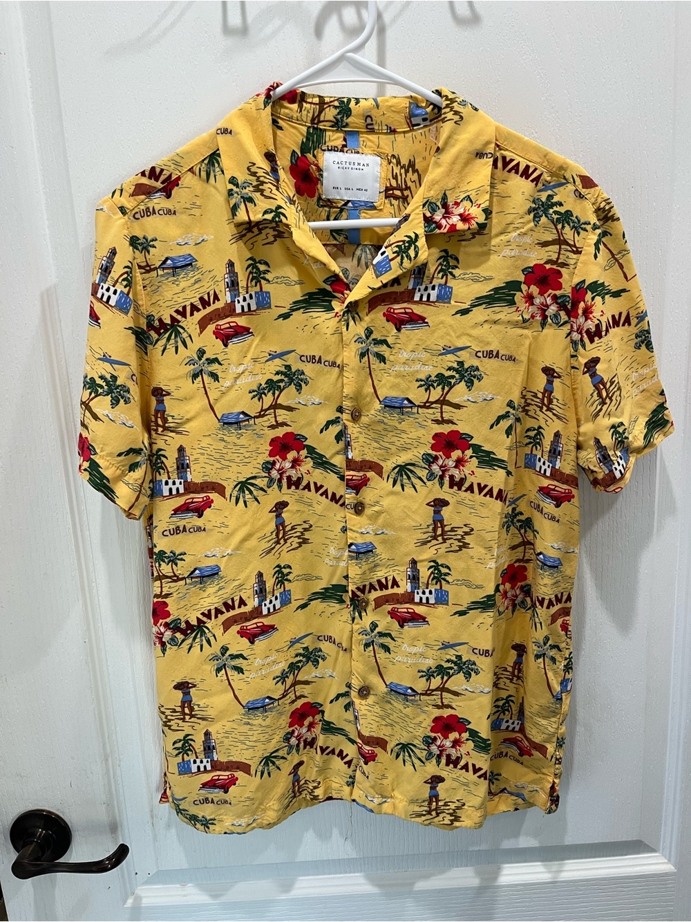 Cactus man Cuba Yellow Havana Print Short-Sleeve Button-Down Shirt